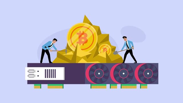 Cryptocurrency concept with business people mining bitcoin on GPU rig cartoon animation