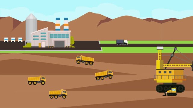 Open pit mine landscape with bucket wheel excavator and dump trucks cartoon animation