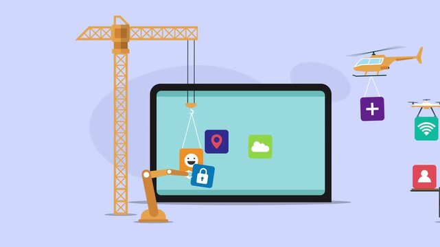 App development concept with heavy machinery building interface on tablet cartoon animation