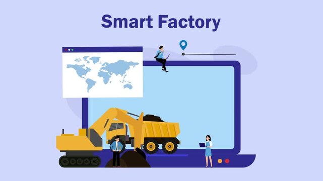 Smart factory and industrial automation banner with construction vehicles cartoon animation