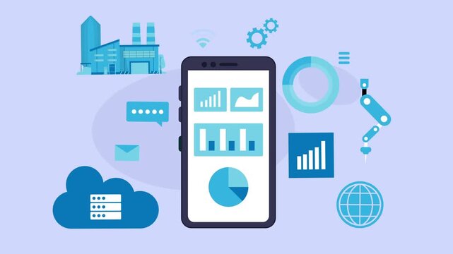Smart factory monitoring application on smartphone with data charts cartoon animation