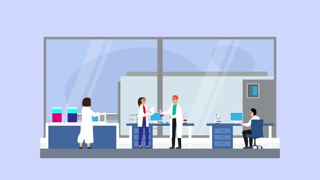 Scientists working in a modern laboratory interior with medical research equipment cartoon animation