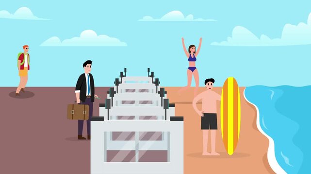 Businessman at Turnstile Entrance to Tropical Beach cartoon animation