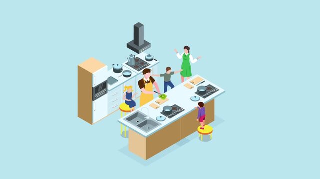 Family Cooking Together in Modern Kitchen cartoon animation