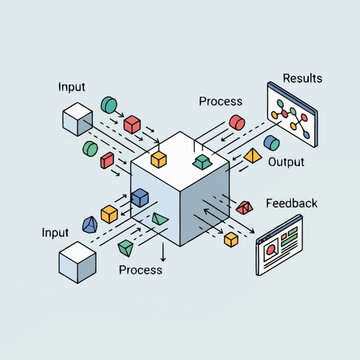 Isometric flowchart process diagram with inputs and outputs.