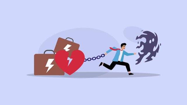 Man Running from Shadow while Chained to Broken Heart and Heavy Suitcases Representing Emotional Burden and Work Stress cartoon animation