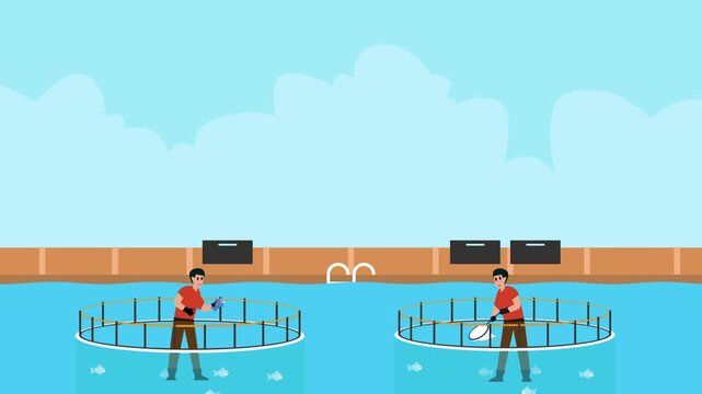 Aquaculture Workers Managing Fish Farm in Large Industrial Pools with Landing Nets and Breeding Tanks cartoon animation