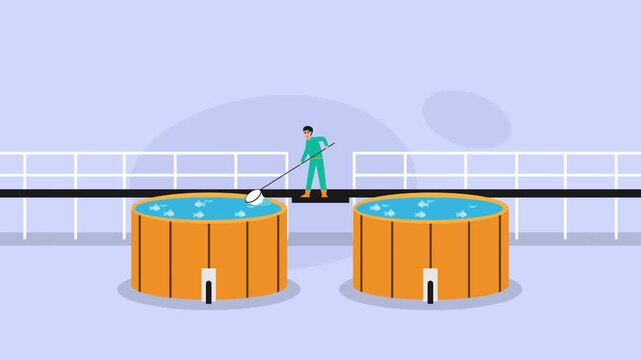 Aquaculture Worker Managing Fish in Circular Rearing Tanks at Modern Industrial Hatchery Facility cartoon animation