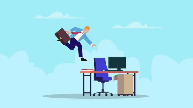 Businessman Jumping Over Office Desk Concept for Success and Freedom cartoon animation