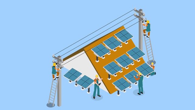 Engineers Installing Solar Panel Array on Building Roof with Electrical Grid Connection 3d animation cartoon