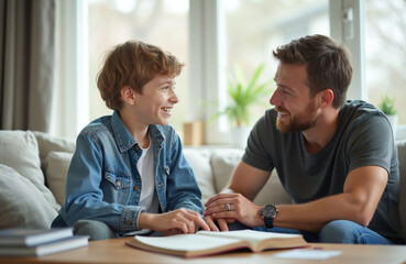 Fototapeta premium Father and son talk happily at home on couch. Boy and dad laugh together, sharing moments and building strong bonds. Family time and connection, positive parent child relationship.
