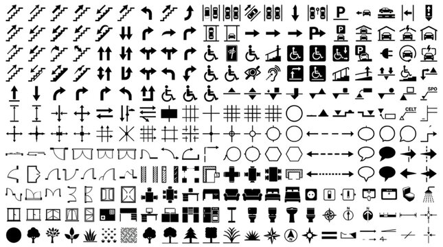 Architectural CAD Symbol Library with Accessibility Icons, Directional Arrows, Doors, Furniture and Technical Annotation Blocks