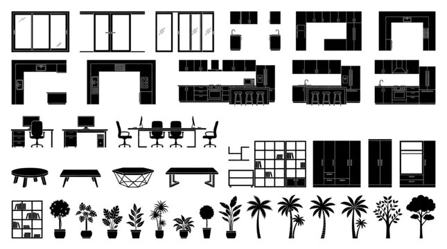 Modern Interior CAD Block Set with Kitchen Layouts, Office Workstations, Storage Units and Tropical Plant Elements