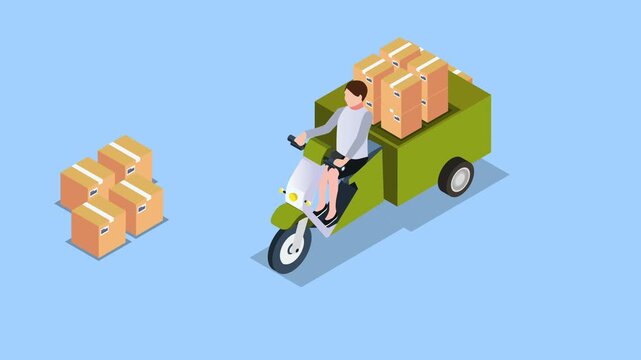Electric Delivery Tricycle Loaded with Cardboard Boxes for Urban Logistics 3d animation cartoon