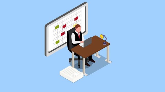 Businessman Working at Desk with Laptop and Large Digital Data Analytics Dashboard Screen 3d animation cartoon