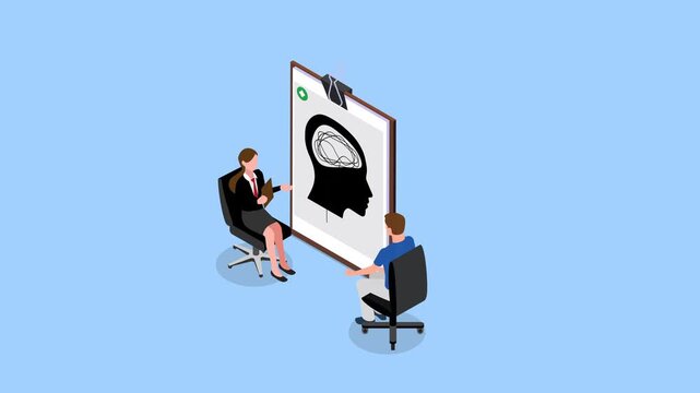 Psychology Consultation Concept with Therapist Analyzing Mental Health and Brain Chaos on Clipboard 3d animation cartoon