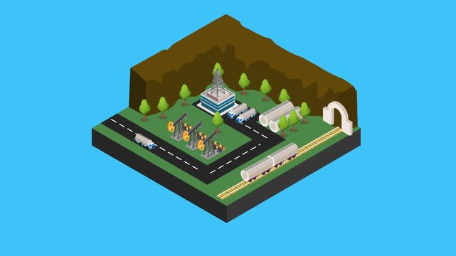 Oil and Gas Extraction Industrial Site with Pump Jacks and Fuel Transport 3d animation cartoon