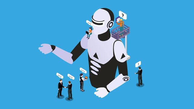 Artificial Intelligence Development Concept with Engineers and Business People Working on Giant Robot 3d animation cartoon