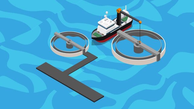 Offshore Water Treatment Plant or Fish Farm with Research Vessel and Circular Tanks 3d animation cartoon