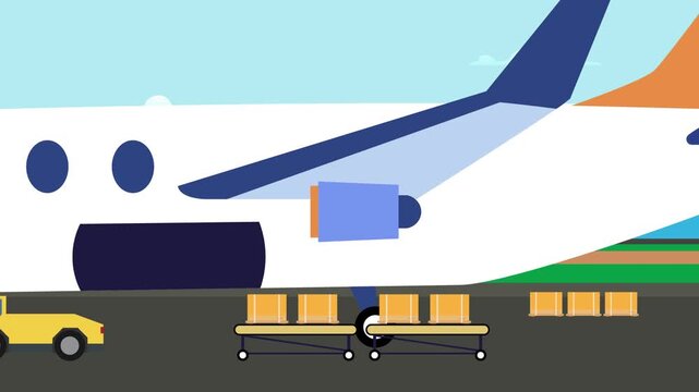 Air Cargo Loading Process with Plane Conveyor Belt and Ground Support Vehicle cartoon animation