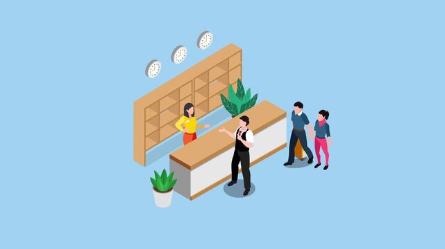 Hotel Reception with Couple Checking In and Concierge Service 3d animation cartoon