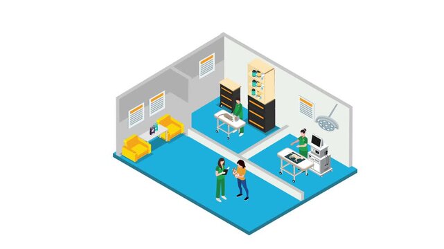 Veterinary Clinic Interior with Medical Staff Treating Pets 3d animation cartoon