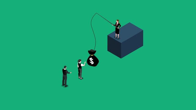 Businesswoman Dangling Money Bag on Fishing Rod Above Employees: Incentive and Corporate Motivation 3d animation cartoon