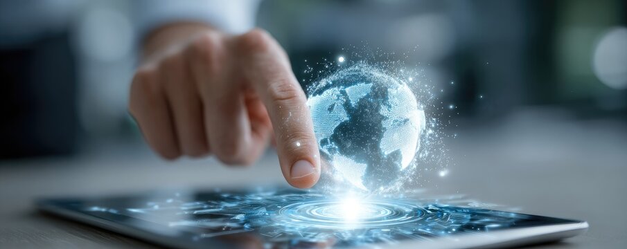Finger touching holographic earth on tablet, digital future concept