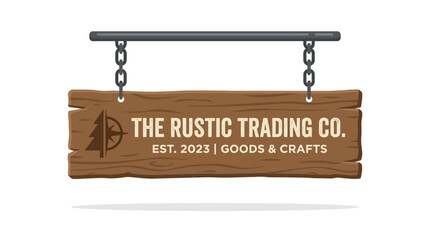 Fototapeta premium wooden shop sign plaque hanging on chain rustic store signboard concept simple wood plate hanging design