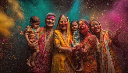 Fototapeta premium An Indian family celebrating with colorful powders, vibrant traditional attire, high-speed photography capturing dust particles