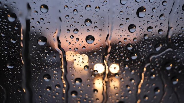 Raindrops sliding down window glass with bokeh city lights