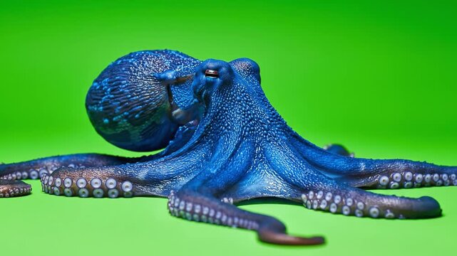 Blue octopus marine animal underwater sea creature with textured skin and vibrant blue tentacle suction cups resting on bright green surface showcasing detailed aquatic life close up view