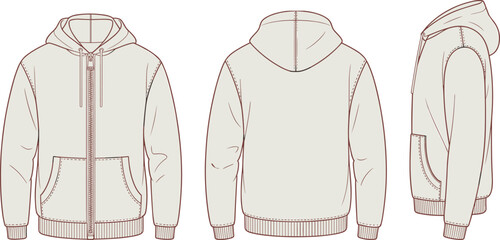 Men’s Zip Up Hoodie Technical Fashion Illustration with Front Back and Side View Casual Design © Nahar999