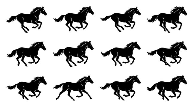 Black and white running horse silhouette set with dynamic galloping animal icon collection