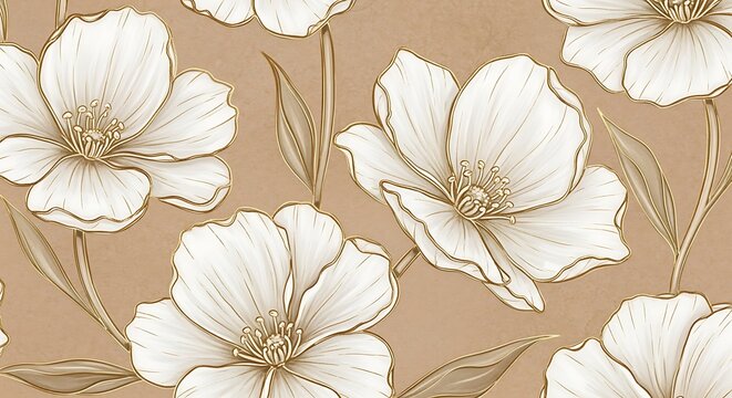 Elegant White Floral Line Art Pattern on Warm Beige Background