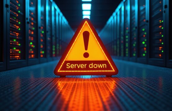 Digital server room displays warning sign alert for system outage. Computer racks with glowing lights indicate a network problem. Data center hardware experiences critical failure issue.