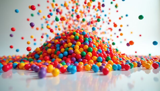 Pile of small colorful balls spill across white surface. Many small spheres in vibrant rainbow hues fall from above. Playful abstract scene with round objects in bright assortment.