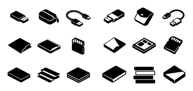 Technology and data storage vector icons with USB drives, memory cards and cleaning cloths for web design in solid monochrome style