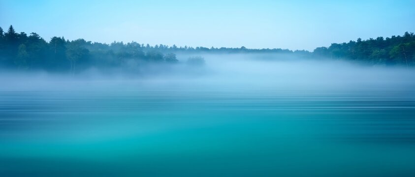 Misty forest lake at dawn with serene blue water and tranquil atmosphere