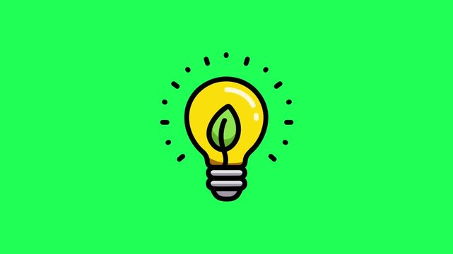 Animated light bulb icon with a green leaf inside, symbolizing eco-friendly energy and sustainable ideas on green screen.