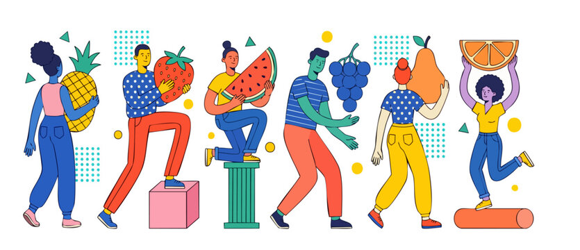 People holding fresh fruits flat illustration set with diverse characters and healthy food organic diet concept for modern web design, infographic elements, and vibrant lifestyle vector graphics art.