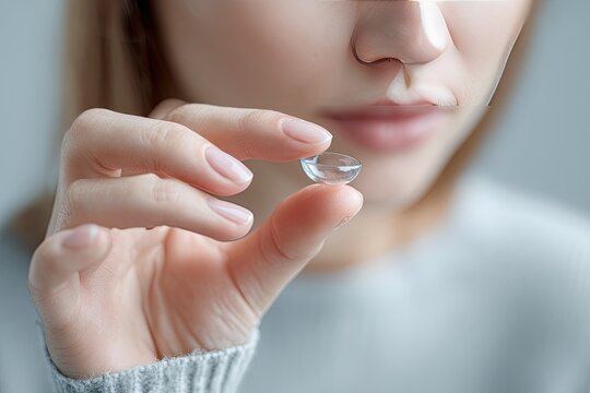 A woman's hand holding a clear contact lens, close-up