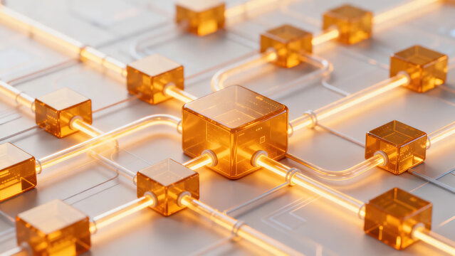 Machine learning algorithm flowchart, amber data blocks connected by glowing pipes, isometric view, minimalist tech illustration style, 3D rendering, business technology concept.