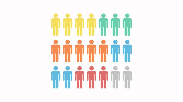 Animated infographic of people figures in different colors representing demographics or teamwork
