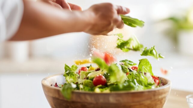 Fresh salad preparation with hands tossing greens in a wooden bowl