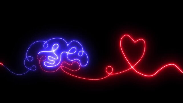 Glowing red neon Brain with heart inside. One line drawing. symbolizing balance of mind and feelings, psychology, emotional intelligence, love, mental health, connection of logic and emotion.