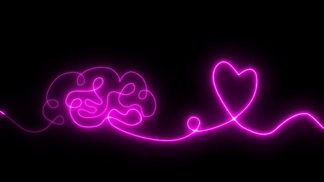 Glowing red neon Brain with heart inside. One line drawing. symbolizing balance of mind and feelings, psychology, emotional intelligence, love, mental health, connection of logic and emotion.
