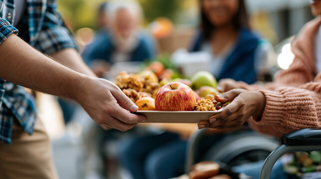 A close up of European volunteer hands distributes soft fresh fruits and meals to a bright wheelchair recipient at a calm food drive in soft daylight food drive faceless detail