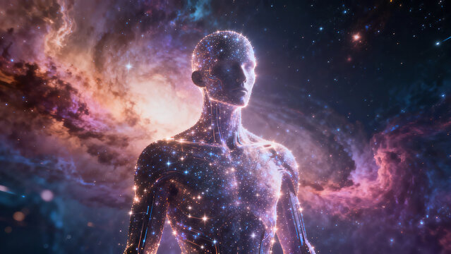 The emergence of general artificial intelligence consciousness, abstract humanoid silhouettes composed of stardust and light, nebula colors, and philosophical and technological concepts.