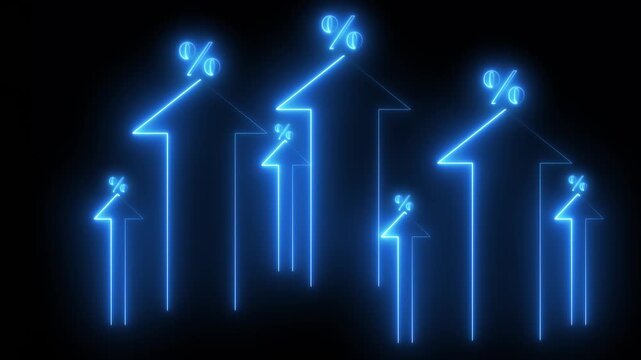 Interest rate increase concept. Businessman use a Neon up arrow with percentage symbols and upward arrows, symbolizing rising interest rates. financial growth, dividend yield, income, expenses